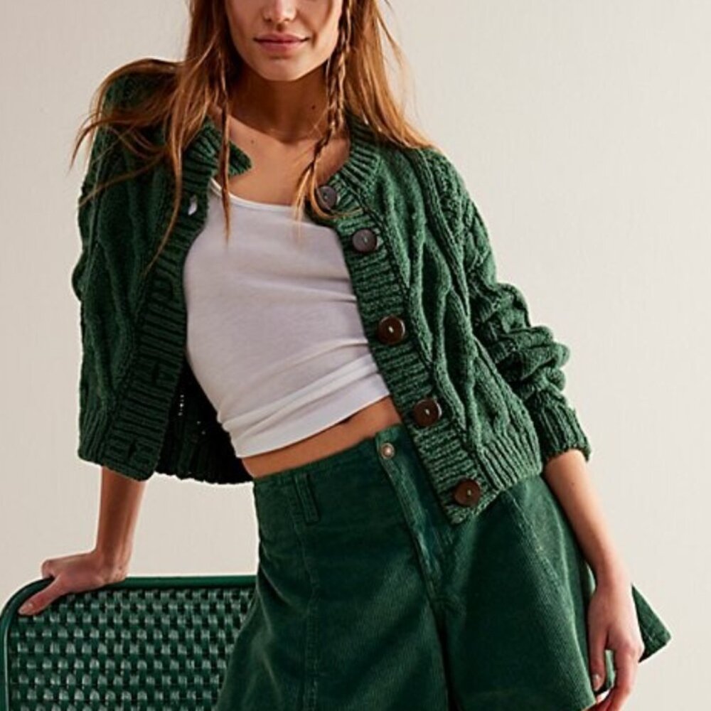 Free People Bonfire Cable Knit Cardigan Green Crop Oversized Cozycore - Picture 3 of 6